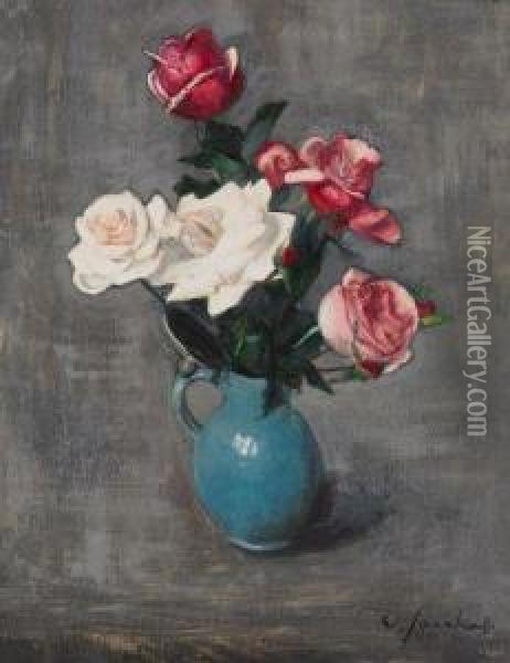 Rosen In Blauem Tonkrug Oil Painting - Willy Jaeckel