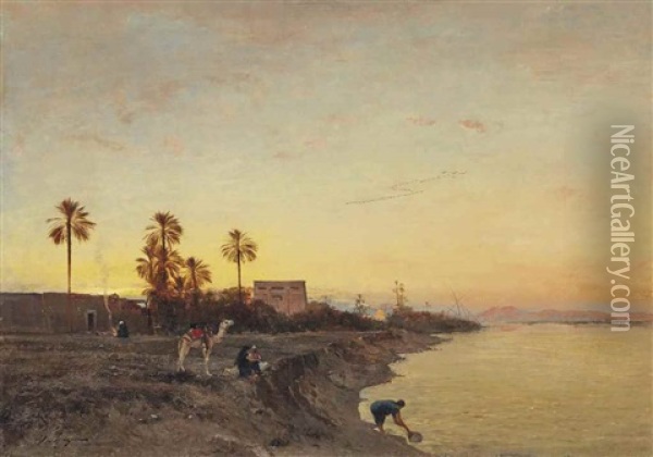 On The Banks Of The Nile, Egypt Oil Painting - Victor Pierre Huguet