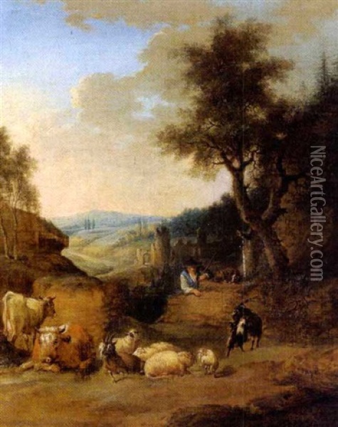 Bewaldete Landschaft Mit Ruinen, Einem Hirten Und Herde Oil Painting - Johann Conrad Seekatz