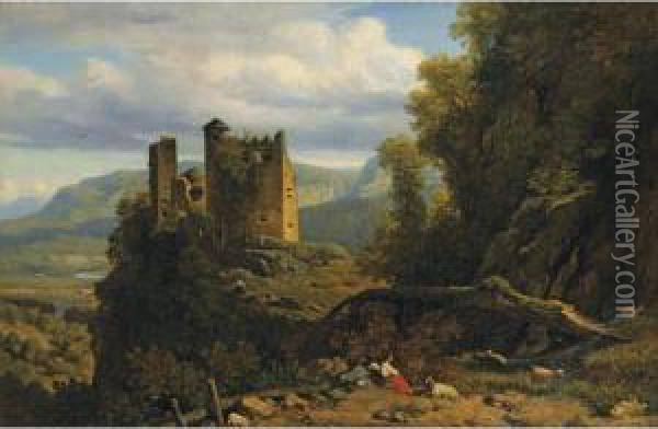 Paysage Au Chateau En Ruine [ ; Landscape With A Castle In Ruins ; Oil On Canvas Signed Lower Right P. Thuillier] Oil Painting - Pierre Thuillier