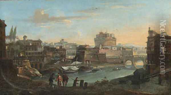 Rome the Tiber with the Castel Sant'Angelo beyond Oil Painting - Paolo Anesi