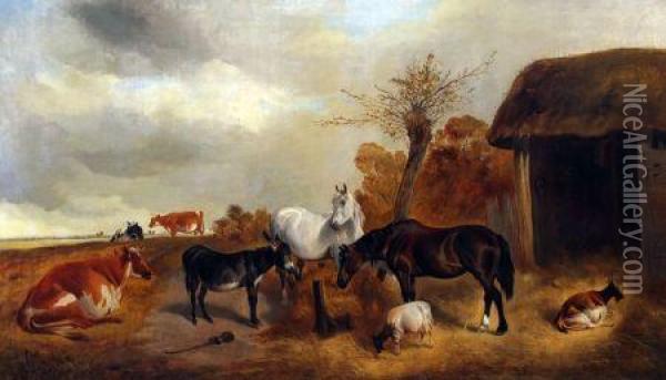 Cows, Donkey, Horses And Goats Before A Barn Oil Painting - Snr William Shayer