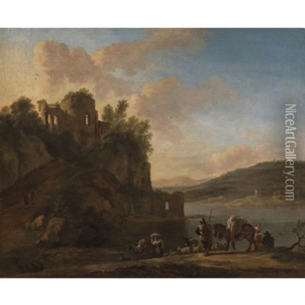 An Italianate River Landscape With Herders On A Path With Their Flock And Donkeys, Classical Ruins On A Hilltop Beyond Oil Painting - Jan Asselijn
