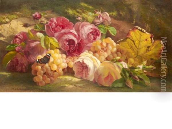 Roses And Grapes Against A Grassy Bank Oil Painting - Theude Groenland
