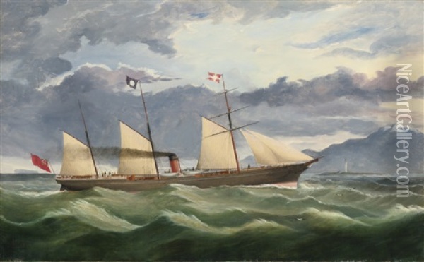 A Merchant Navy Steamer Approaching The Coast, Potentially Port Chalmers, New Zealand Oil Painting - Thomas Robertson