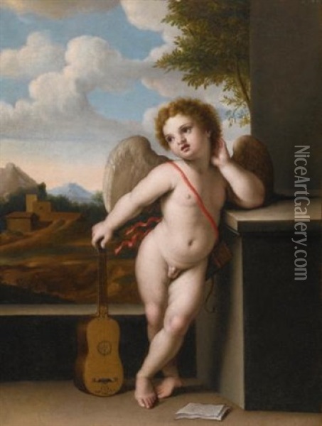 An Angel Holding A Guitar Oil Painting - Giovanni Battista Salvi (Il Sassoferrato)