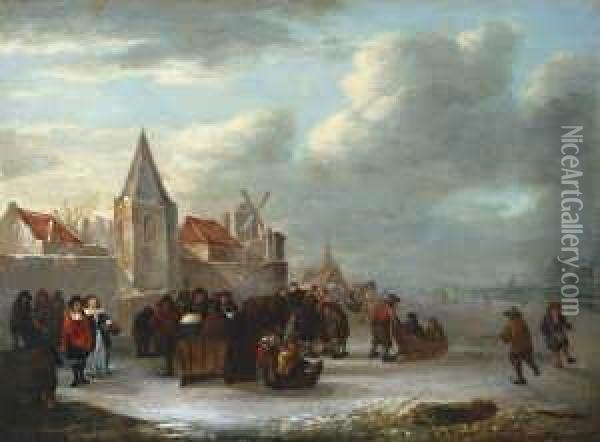 Winterlandschaft Mit Eislaufern Vor Den Mauern Eines Hollandischen Stadtchens. Oil Painting - Cornelis Beelt
