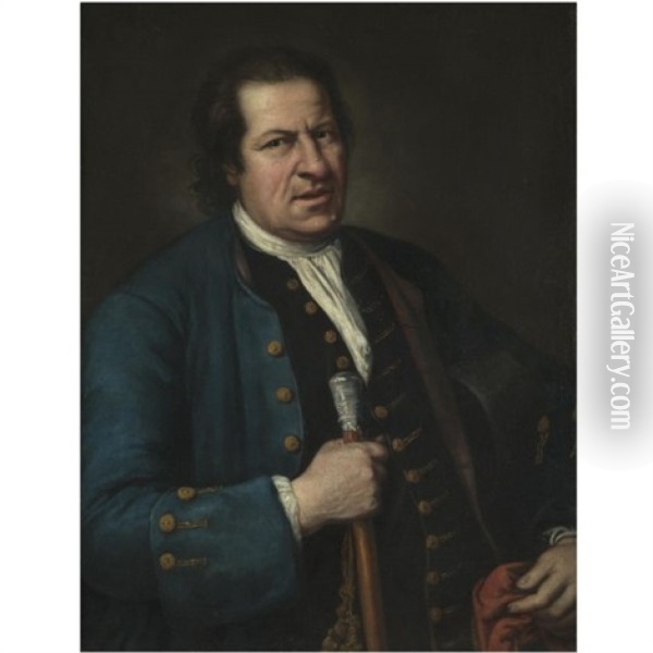 Portrait Of A Gentleman, Half Length, Wearing A Blue Coat And Holding A Cap And Baton Oil Painting - Giacomo Ceruti