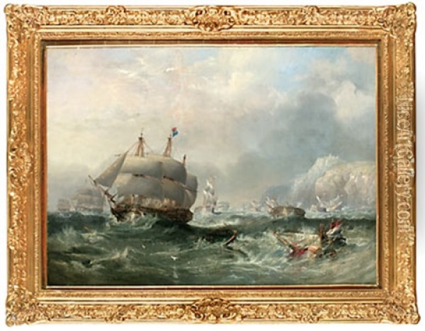 Hms "conqueror" Towing Hms "africa" Off The Shoals At Trafalgar Three Days After The Battle Oil Painting - John Wilson Carmichael
