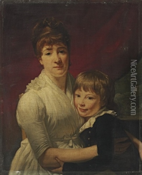 Portrait Of A Lady, With A Young Boy In A Blue Jacket Oil Painting - Henri-Pierre Danloux