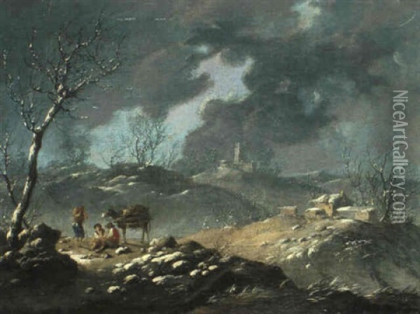 Hirten In Einer Winterlichen Landschaft Oil Painting - Jean Baptiste Pillement