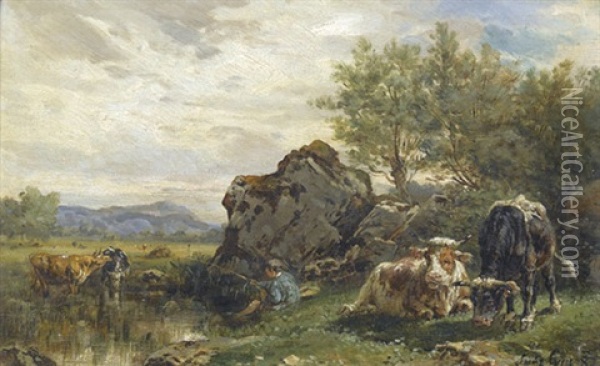 Landschaftspartie Mit Angler Und Rindern Oil Painting - Louis Jean Baptiste Guy