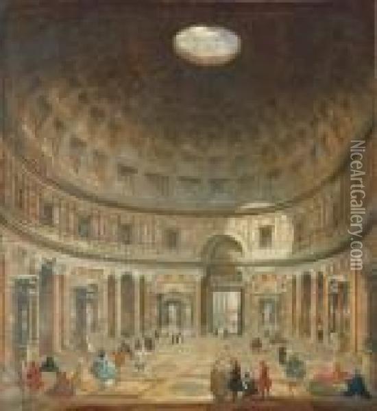 The Interior Of The Pantheon, 
Rome, Looking North From The Mainaltar Towards The Entrance Oil Painting - Giovanni Niccolo Servandoni
