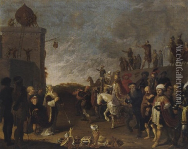 An Allegorical Scene With Moses And Aaron And A Pope Oil Painting - Dirck Bleker