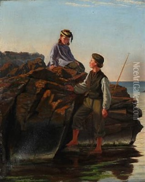 Summer Dressed Girl And A Fisher Boy On A Rocky Coast Oil Painting - Anton Laurids Johannes Dorph