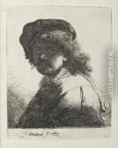 Self Portrait In Cap And Scarf With The Face Dark: Bust Oil Painting - Rembrandt Van Rijn