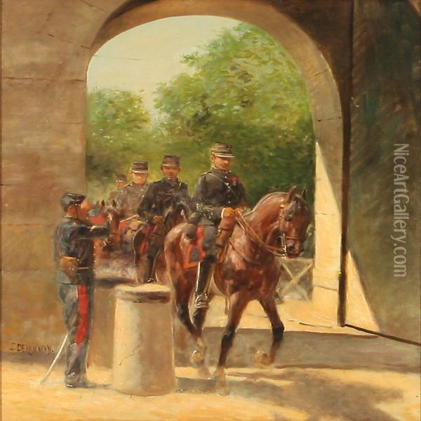 Horse Artillery Passing A French Soldier Around Oil Painting - Jules Delaunay