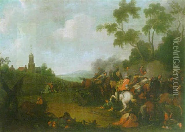Cavalry Engagement Beside A Town Oil Painting - Adam Frans van der Meulen