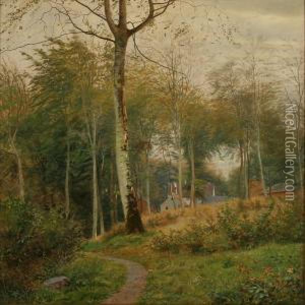Houses And A Path Inthe Woods Oil Painting - Julius Hans Henrik Petersen