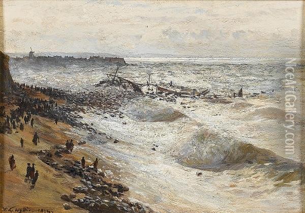 Surveying The Wreck On The North Coast Of France Oil Painting - William Lionel Wyllie