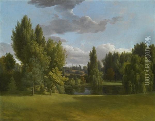 Landscape With Trees Surrounding A Small Pond And Clouds Above Oil Painting - Jean Joseph Xavier Bidault