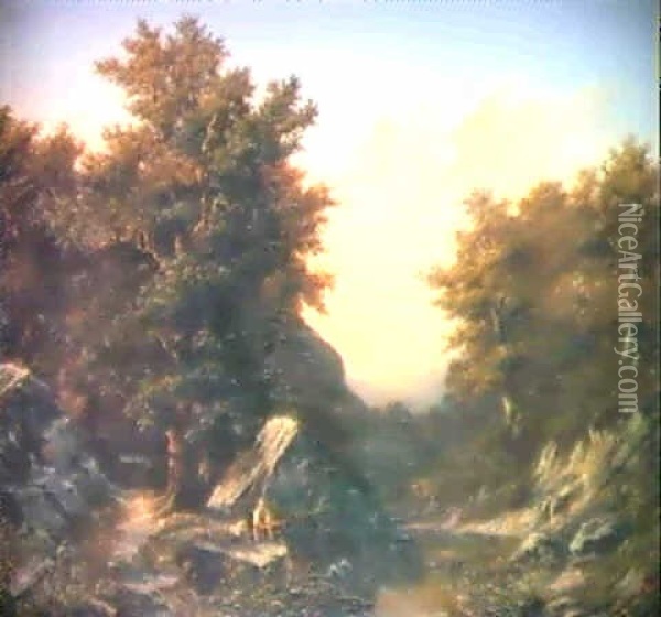 Bewaldete Flusslandschaft Mit Einem Fischer In Der Dammerung Oil Painting - Charles Samuel Delapeine