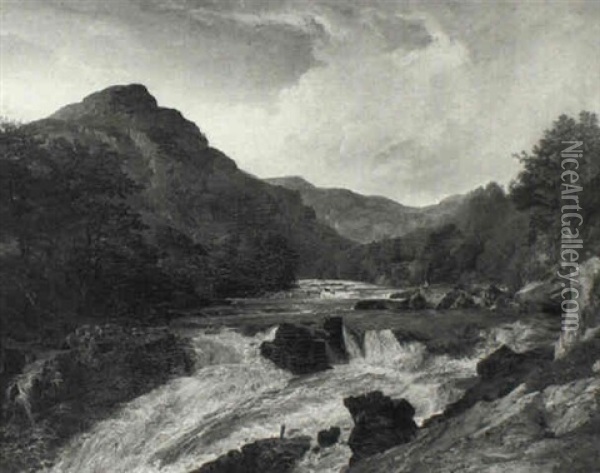 Fishing In A Mountain River Oil Painting - James Hall Cranstoun