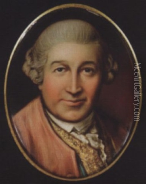 David Garrick Wearing Dusty-pink Coat, Blue Waistcoat With Gold Embroidery And Frilled White Cravat Oil Painting - William Bishop Ford
