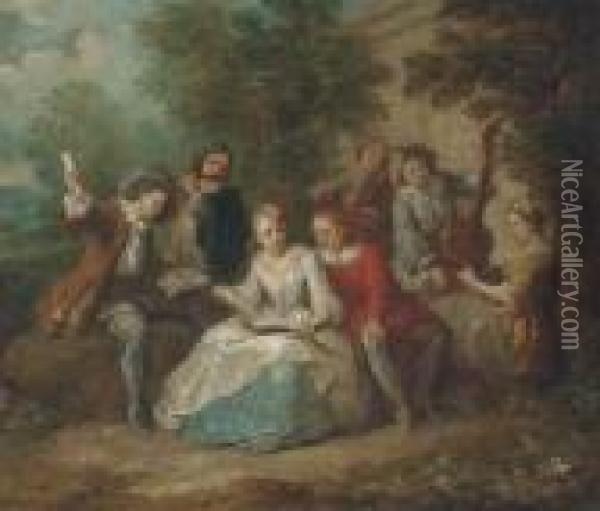 Elegant Company Playing Music In A Garden Oil Painting - Philippe Mercier