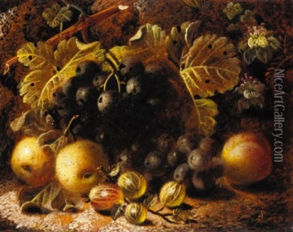 Still Life Of Goosebery's And Grapes (+ Still Life Of Bird's Nest With Flowers; Pair) Oil Painting - Oliver Clare