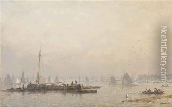 Shipping Activities On The Maas In Morning Haze, Rotterdam Oil Painting - Johan Hendrik van Mastenbroek