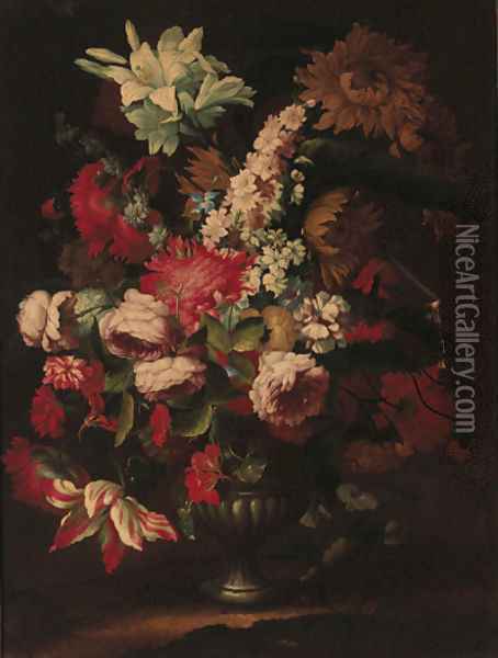 Irises, sunflowers, roses, carnations, morning glory, tulips and other flowers in an urn Oil Painting - Karel Van Vogelaer, Called Distelbloom