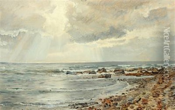 Coastal Scenery With The Sun Shining Through The Clouds Oil Painting - Janus la Cour