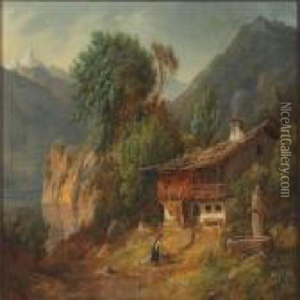Mountain Landscape With Woman Near House Oil Painting - F. C. Kiaerskou