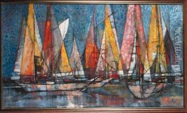 Yachts With All Sails Set In A Harbour Oil Painting - Pierre Hode