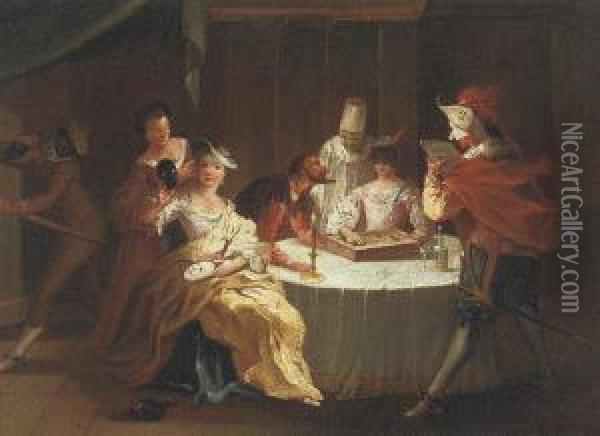 Interior With Commedia Dell'arte Zanies Playing A Board Game At A Candlelit Table Oil Painting - Joseph van Aken