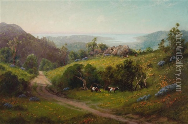 Cattle Grazing Among Wildflowers With A View Of The Bay Oil Painting - Charles Dorman Robinson