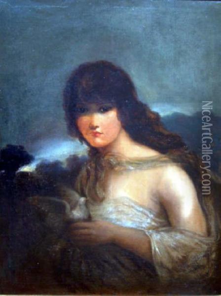 German / American Oil On Canvas Girl Holding A Dove 27.5 X 21in Oil Painting - Carl von Marr