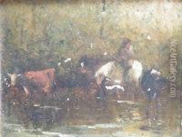 Cattle Watering Oil Painting - Thomas, Junior Dingle