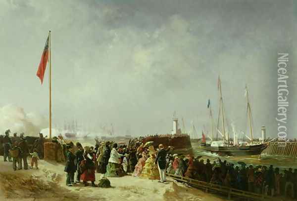 The Departure of the Steam Packet at Boulogne Oil Painting - Louis Bentabole