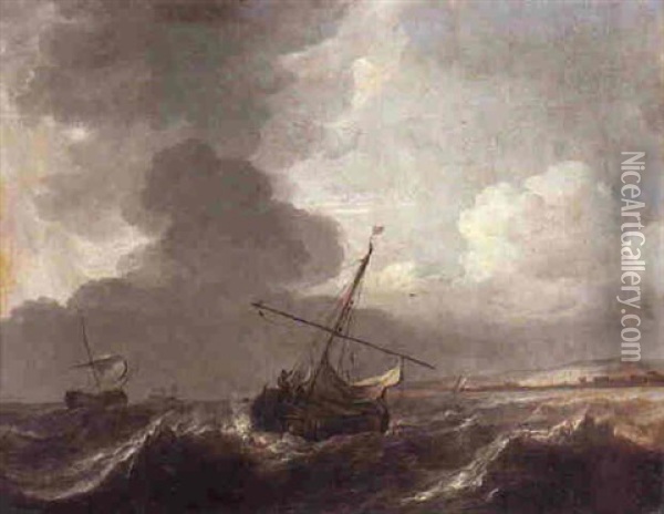 A Dutch Smalschip Letting Down Her Sails In Choppy Seas Oil Painting - Jan Theunisz Blankerhoff