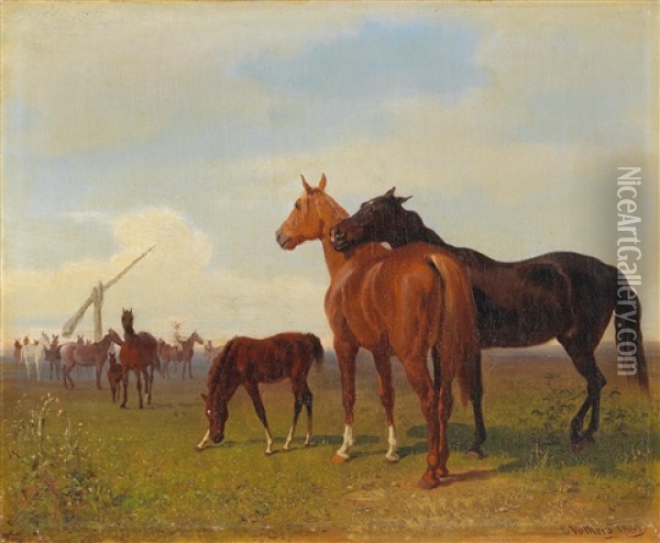 Horses On The Puszta Oil Painting - Emil Volkers