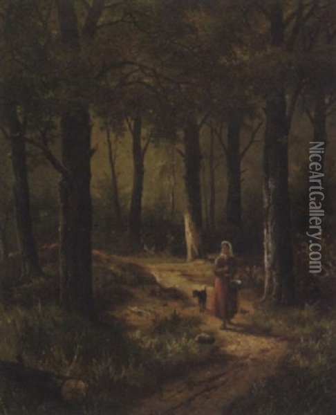 Junge Bauerin Auf Dem Waldweg Oil Painting - Hendrik Pieter Koekkoek