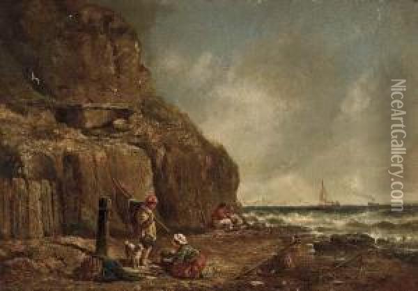 Fisherfolk On A Beach Oil Painting - William Collins
