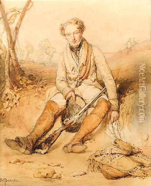 A Sportsman with his rifle, seated on a bank Oil Painting - Richard Parkes Bonington