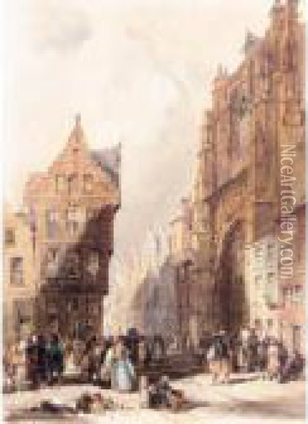 Figures On A Street In A Market Town , Belgium Oil Painting - Thomas Shotter Boys