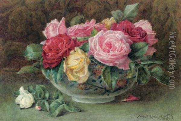 Still Life With A Bowl Of Pink, Yellow And Red Roses Oil Painting - Constance Lawson