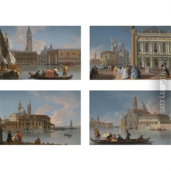 Venice: A View Of The Molo From The Bacino Di San Marco, With The Zecca, Campanile And Palazzo Ducale (+3 Others; Set Of 4) Oil Painting - Giovanni Richter
