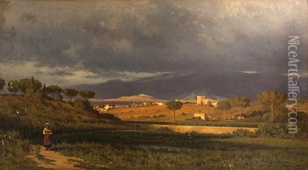View From Near The Porta Salara In Rome Looking Toward The Sabine Mountains Oil Painting - Dwight Benton