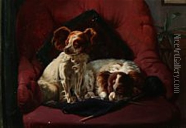 Two Dogs Resting In An Easy Chair Oil Painting - Simon Simonsen